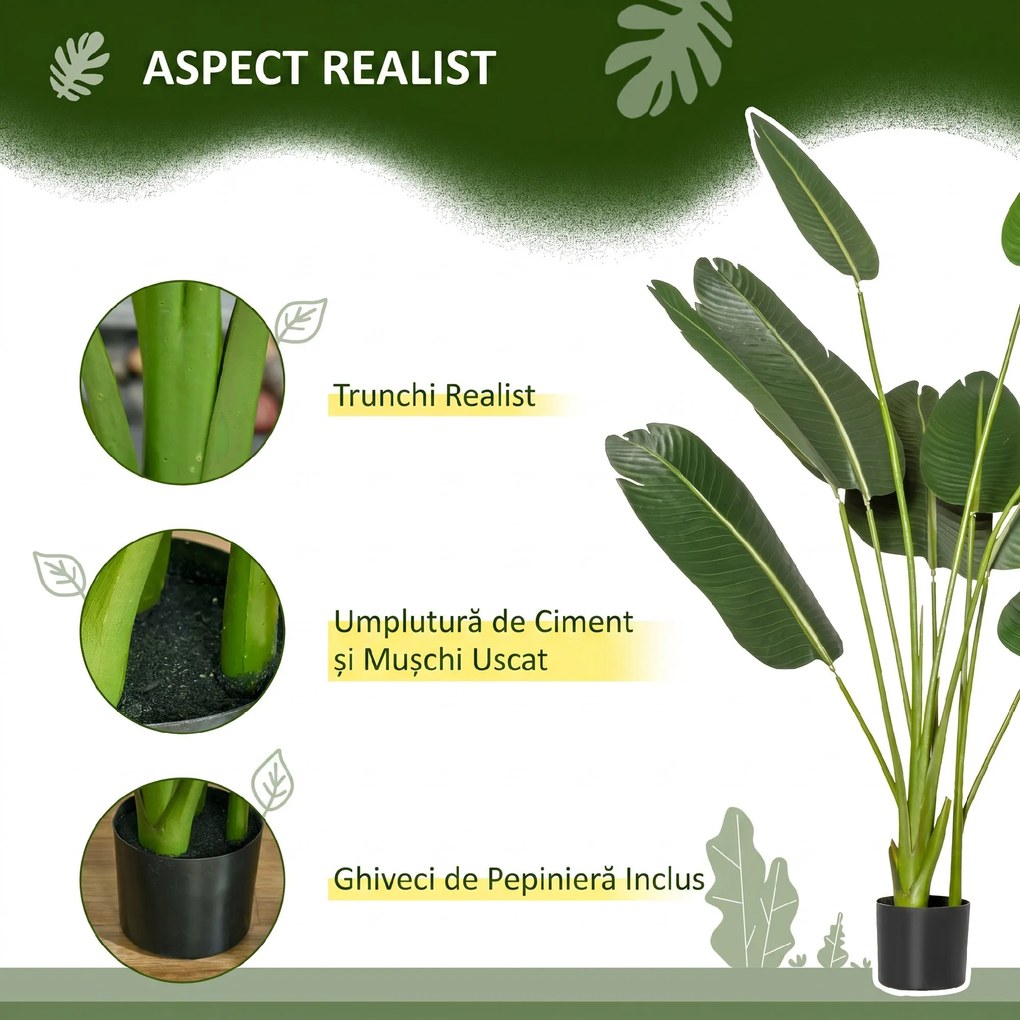 HOMCOM Bananier Artificial 160 cm cu Ghiveci și 10 Frunze Realiste, Plantă Artificială Tropicală pentru Decorațiuni Interioare și Exterioare, Verde | Aosom Romania