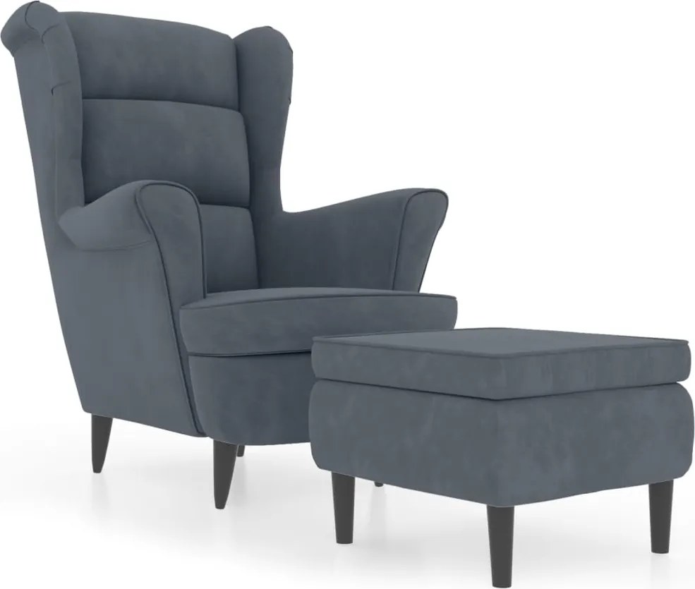 vidaXL Fotoliu cu spătar tip aripă și taburet, gri închis, catifea
