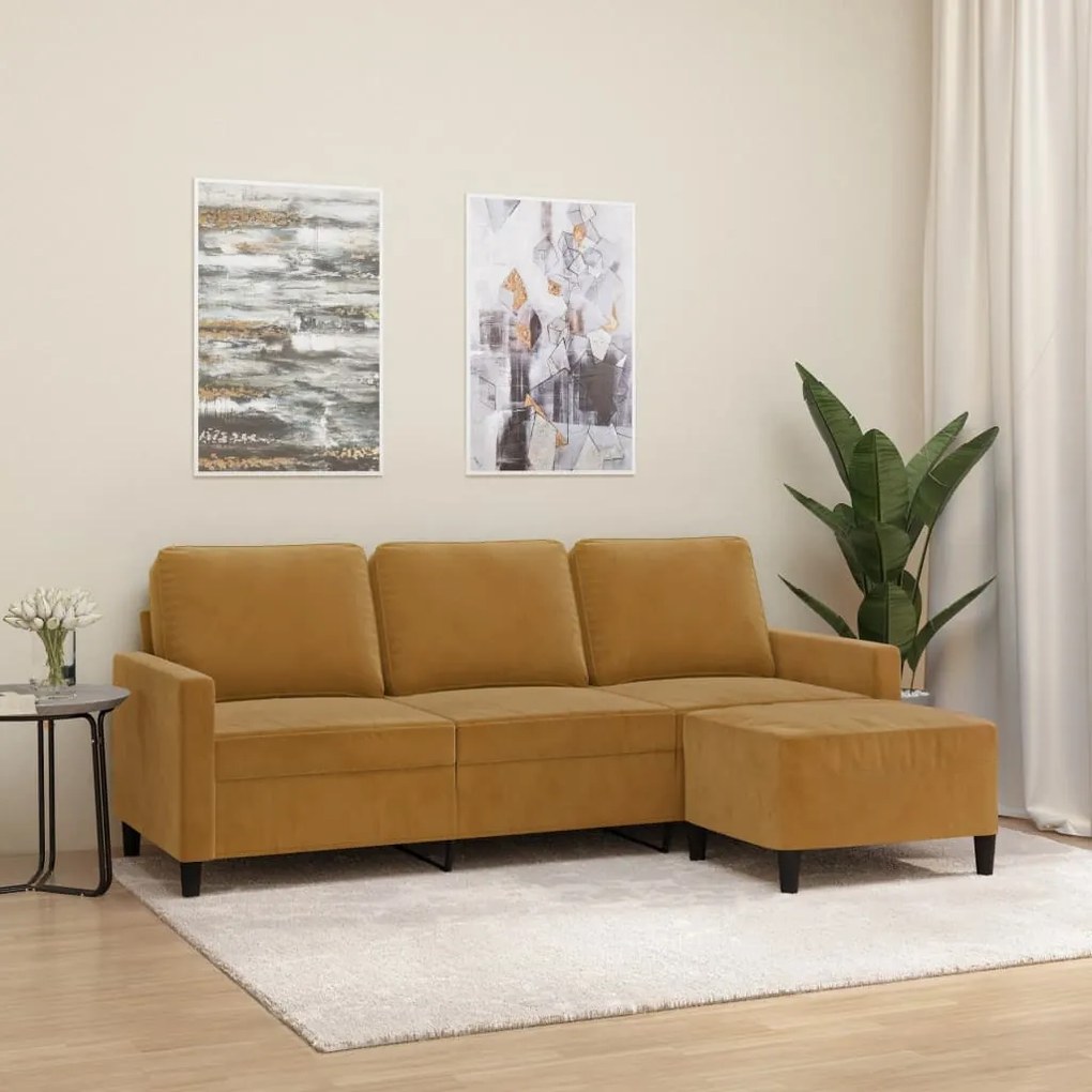 3153400 vidaXL Canapea cu 3 locuri și taburet, maro, 180 cm, catifea