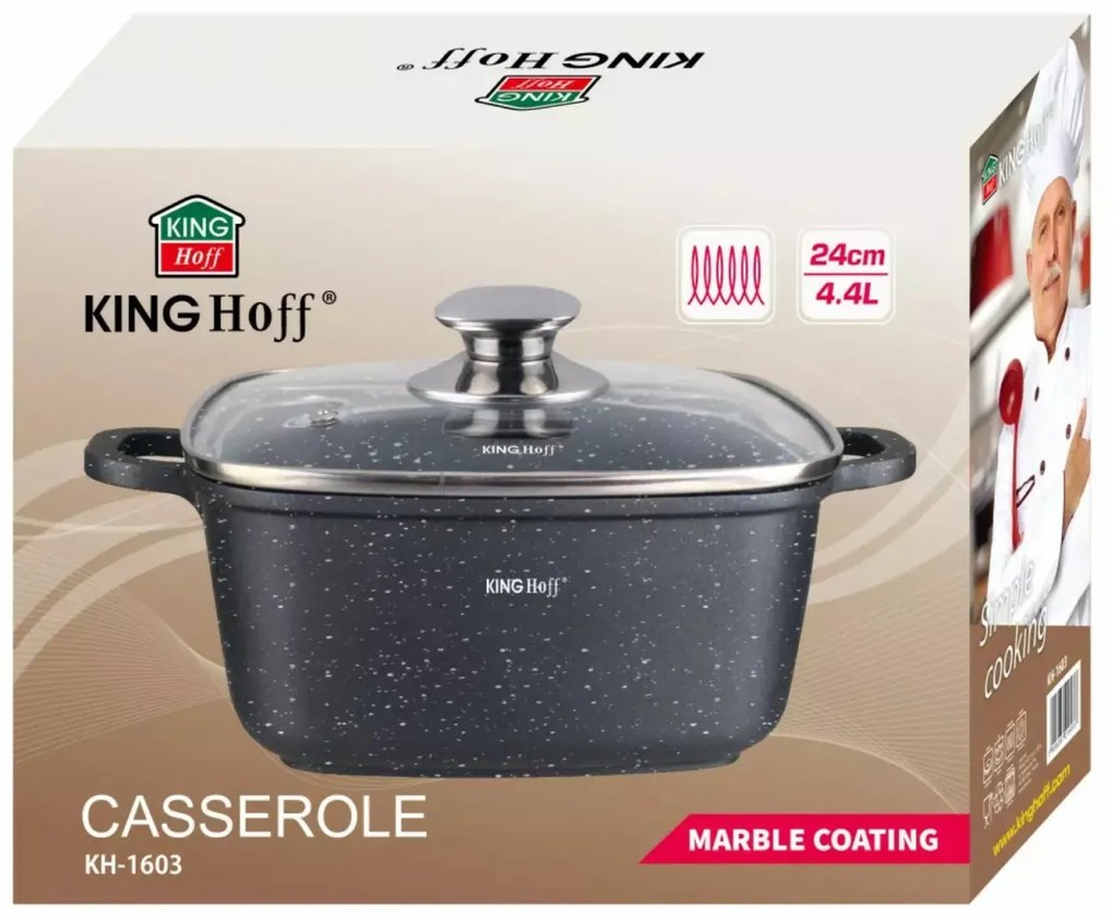 Oală pătrată cu capac 24x24 cm, 4.4L – Kinghoff KH 1603, cu strat antiaderent marmură, neagră, ideală pentru gătit fără ulei