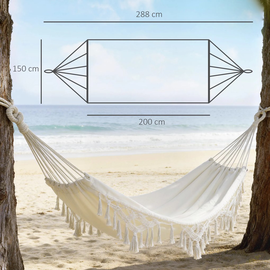 Outsunny Hamac Exterior Boem, Hamac de grădină Suspendat cu Franjuri și Sac de Transport extra-larg 288 x 150 cm, Bej | Aosom Romania