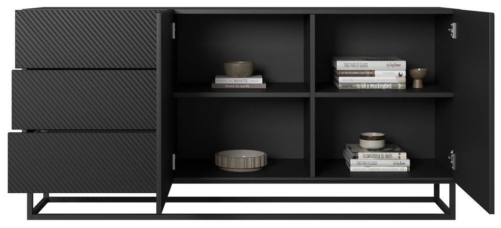 Comoda Asha 167 cm cu sertare și picioare metalice – negru mat