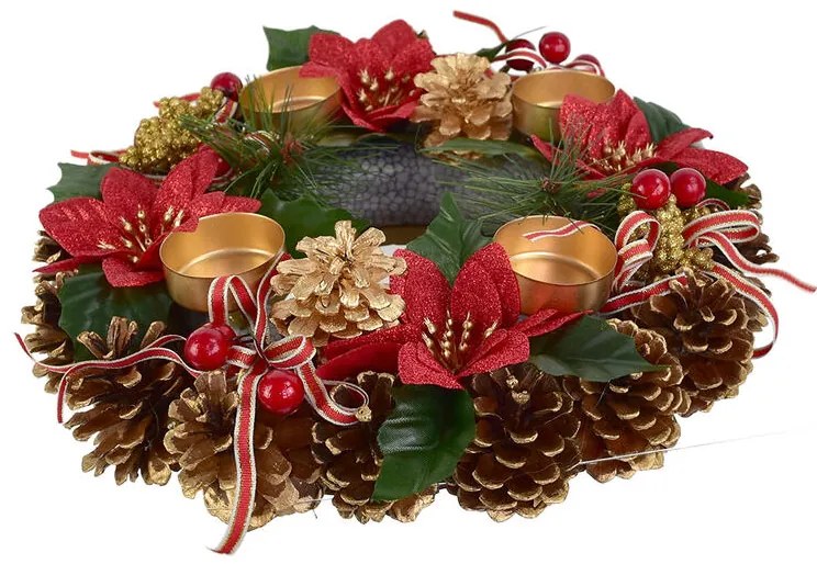 Coroniţă de Advent din conuri POINSETTIA cu fundiţe, 30 cm
