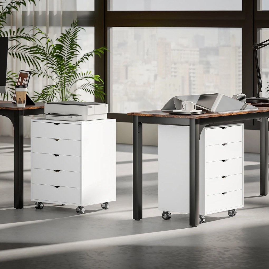 HOMCOM Dulap pentru birou cu 5 sertare pentru documente A3, pe roți și cu încuietoare, 50x40x67.5 cm, alb | Aosom Romania