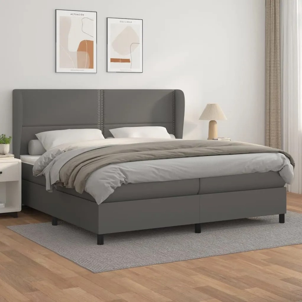 3128995 vidaXL Pat continental cu saltea, gri, 200x200 cm, piele ecologică