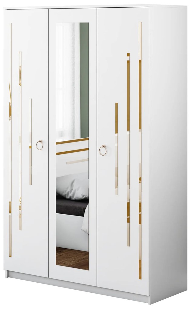 Dormitor Gold, culoare alb / auriu, pat standard 160x200 cm, dulap 123 cm, comoda, 2 noptiere si saltea