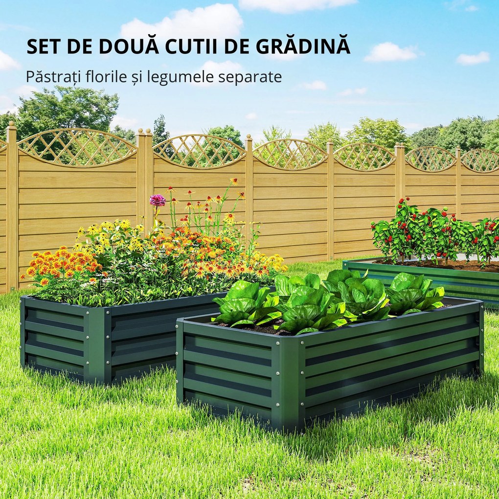 Outsunny Set 2 paturi ridicate metalice, fund deschis, pentru grădină și balcon, 110x50x30cm, Verde | Aosom Romania