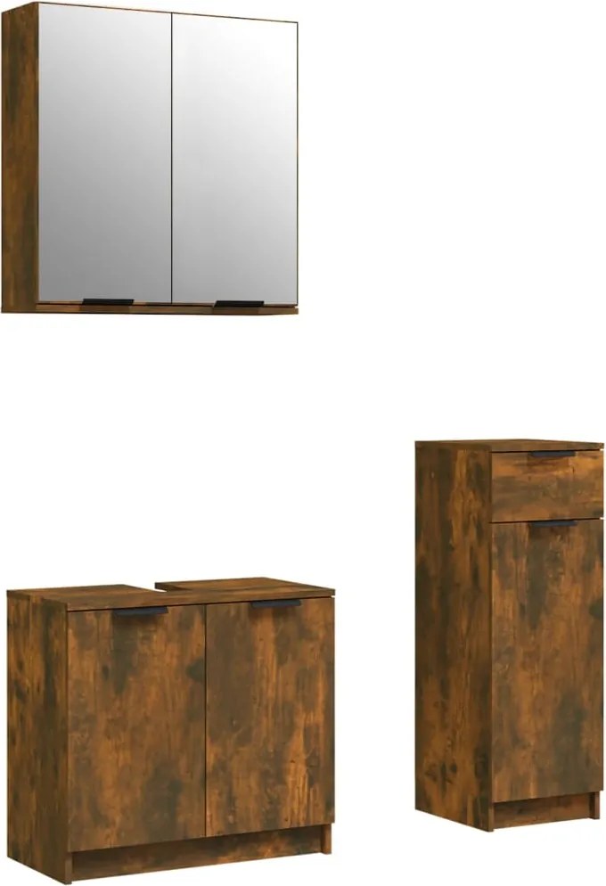 vidaXL Set dulapuri de baie, 3 piese, stejar afumat, lemn prelucrat