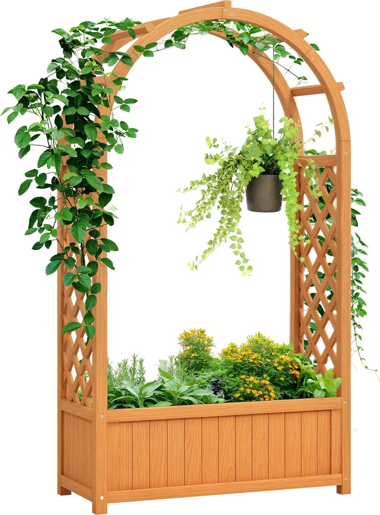 Outsunny Jardiniere înălțată ghiveci de plantare cu grilaj, acoperiș arcuit spalier ghiveci din lemn 83 x 36 x 145cm Maro deschis | Aosom Romania