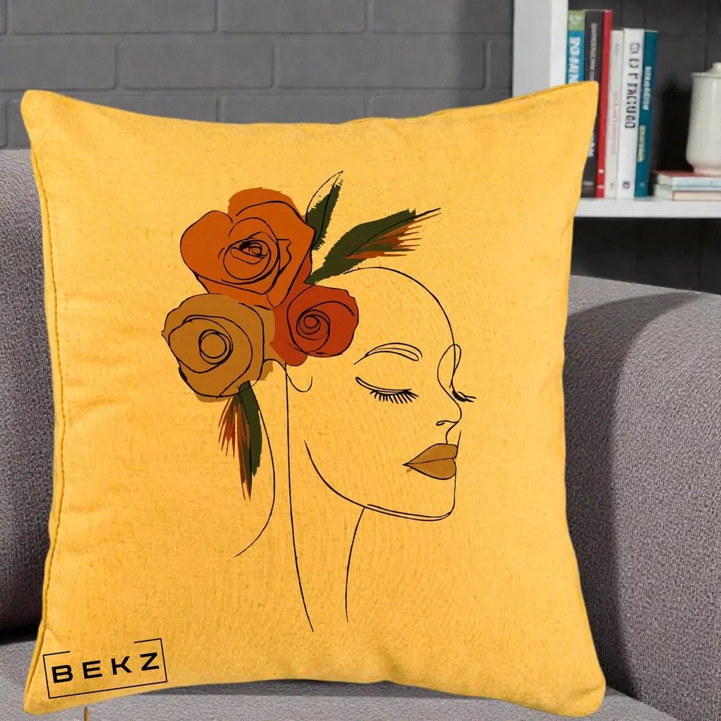 Perna Decorativa Portret Feminin Trandafiri Ruginii, 40x40 cm, Galben, Husa Detasabila, Perna Inclusa, BEKZ®