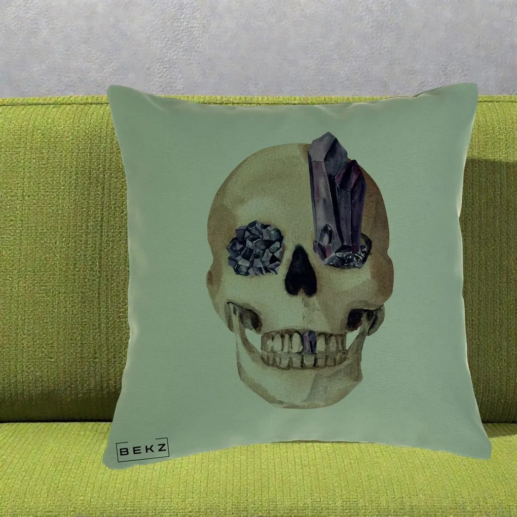 Perna Decorativa Craniu cu Cristale de Ametist, 40x40 cm, Verde, Husa Detasabila, Perna Inclusa, BEKZ®