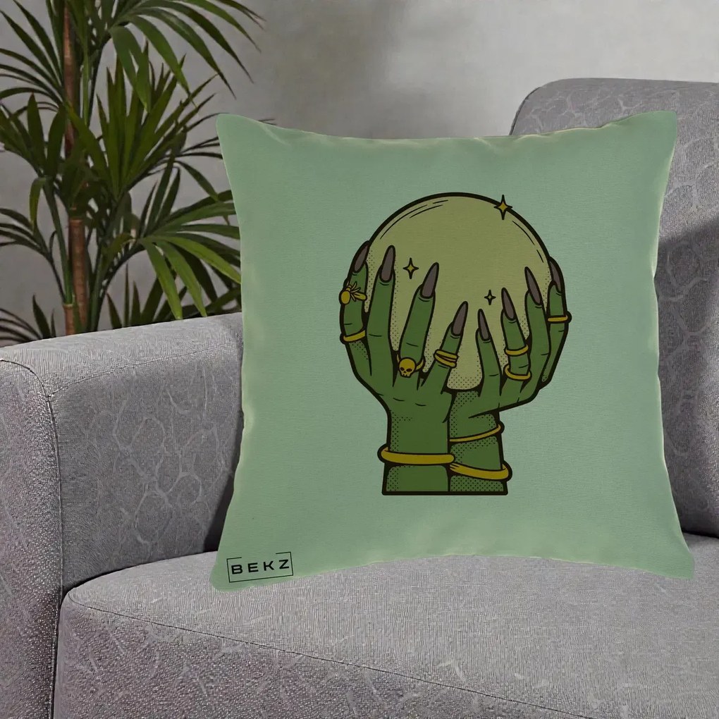 Perna Decorativa Halloween Maini Vrajitoare cu Glob de Cristal, 40x40 cm, Verde, Husa Detasabila, Perna Inclusa, BEKZ®