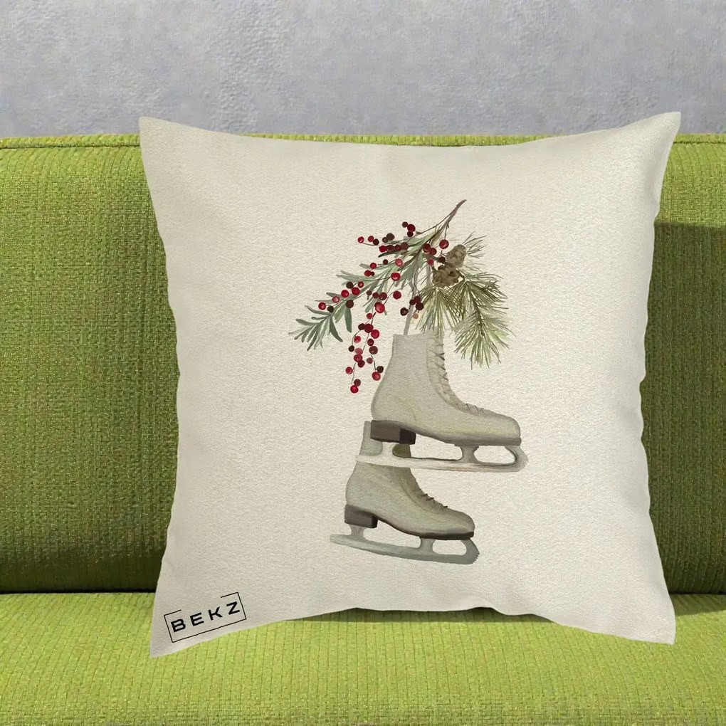 Perna Decorativa Patine cu Ramuri de Brad si Afine, 40x40 cm, Ecru, Husa Detasabila, Perna Inclusa, BEKZ®