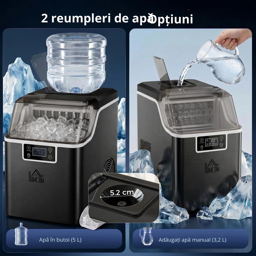 HOMCOM Mașină de Gheață cu 24 de Cuburi de Dimensiune Reglabilă, Rezervor și Sistem de Autocurățare, 25.2x36x37.1 cm, Negru | Aosom Romania