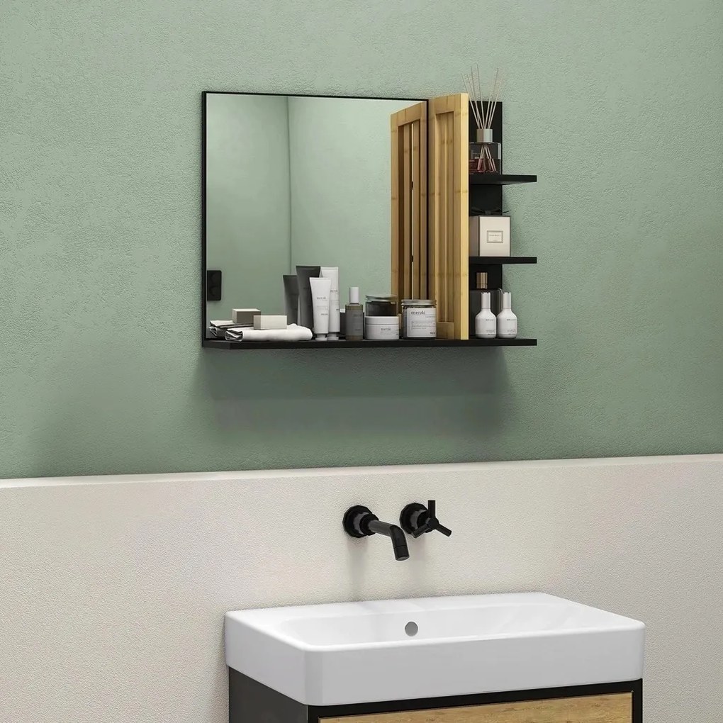 HOMCOM Oglindă de Baie cu Poliță, Oglindă Montată pe Perete, Oglindă cu 4 Rafturi de Depozitare pentru Machiaj, 45x15x58.5 cm, Negru | Aosom Romania