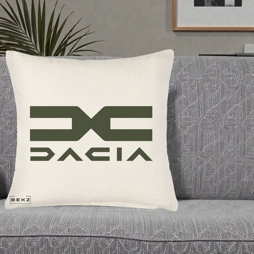 Perna Personalizata cu emblema Dacia, 40x40 cm, Crem Reliefat, Husa Detasabila, Perna Inclusa, BEKZ®