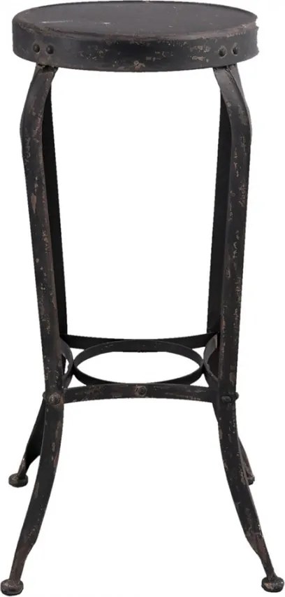 Scaun bar negru din metal, în stil industrial, cu șezut rotund și picioare curbate, finisaj antichizat, 72 x Ø 37 cm, „Rivet”