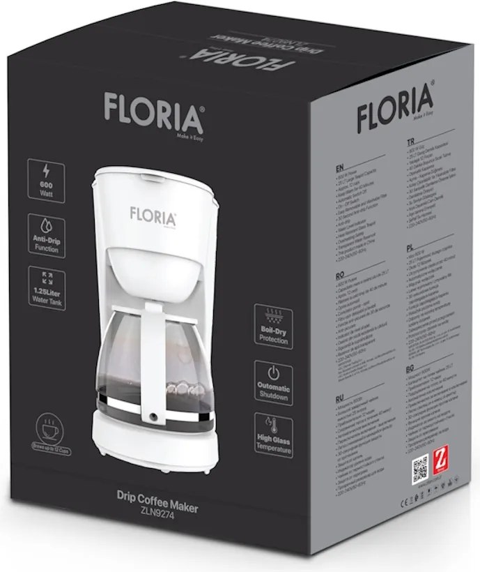 Aparat de facut cafea Floria ZLN9274 Alb, putere 600W, oprire automata, vas de 1.2 litrii