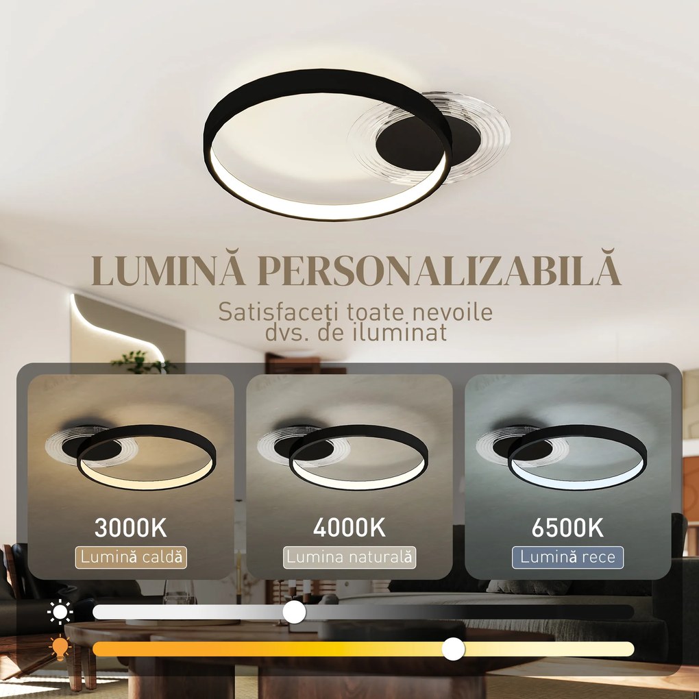 HOMCOM Lampă de tavan LED Modernă de 40W cu 2 Inele și Lumină Reglabilă, Negru | Aosom Romania