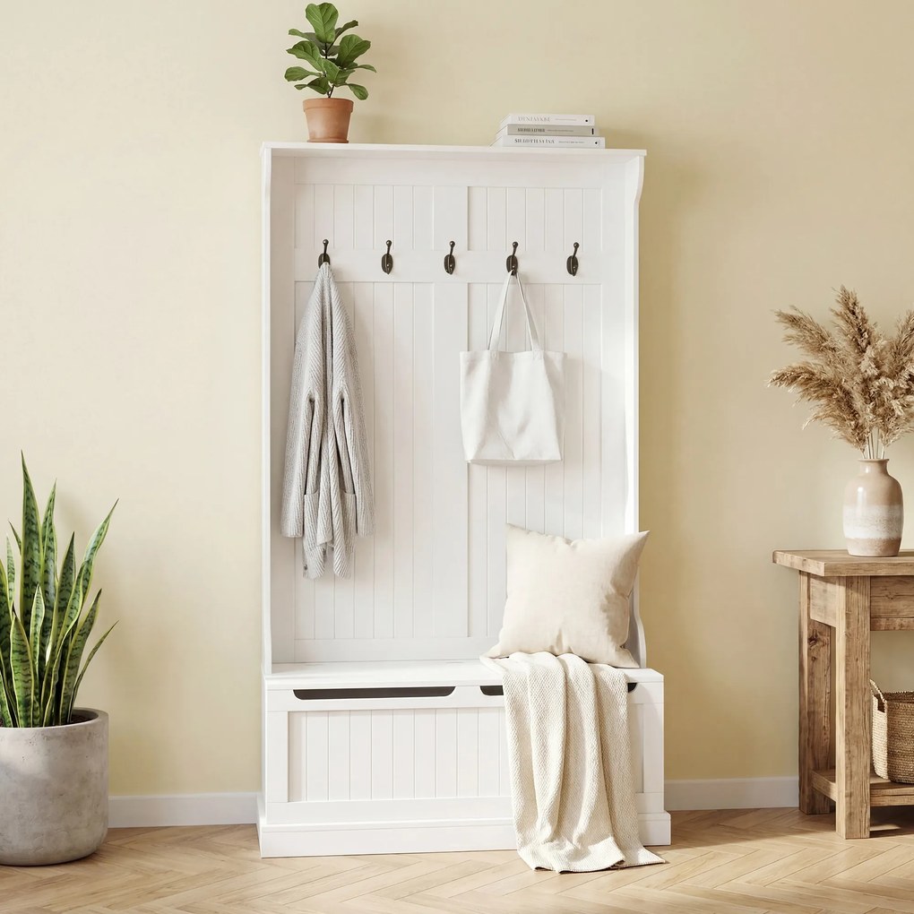 HOMCOM Cuier de Podea cu Bancă pentru Pantofi și 5 Cârlige, MDF, 96L x 34I x 179,7Î cm, Crem | Aosom Romania