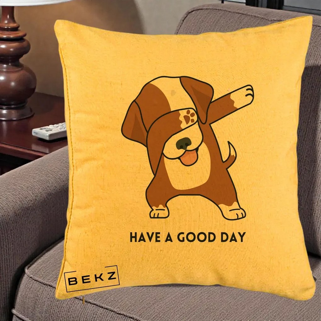 Perna Decorativa Caine Dab Have A Good Day, 40x40 cm, Galben, Husa Detasabila, Perna Inclusa, BEKZ®