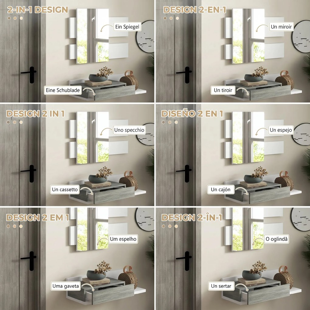 Mobilier de Intrare 2 in 1 cu Oglinda de Perete 75x3.5x75cm si Sertar 75x30.5x20cm, pentru hol, din MDF si Sticla, Gri-Alb HOMCOM | Aosom Romania