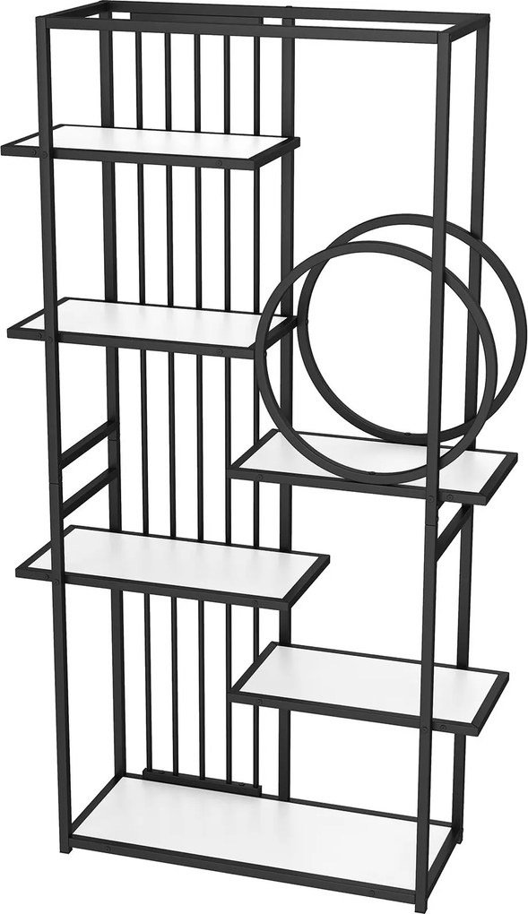Raft metalic în stil modern, design pe mai multe niveluri cu șase rafturi, 100x30x180 cm, Alb + Negru