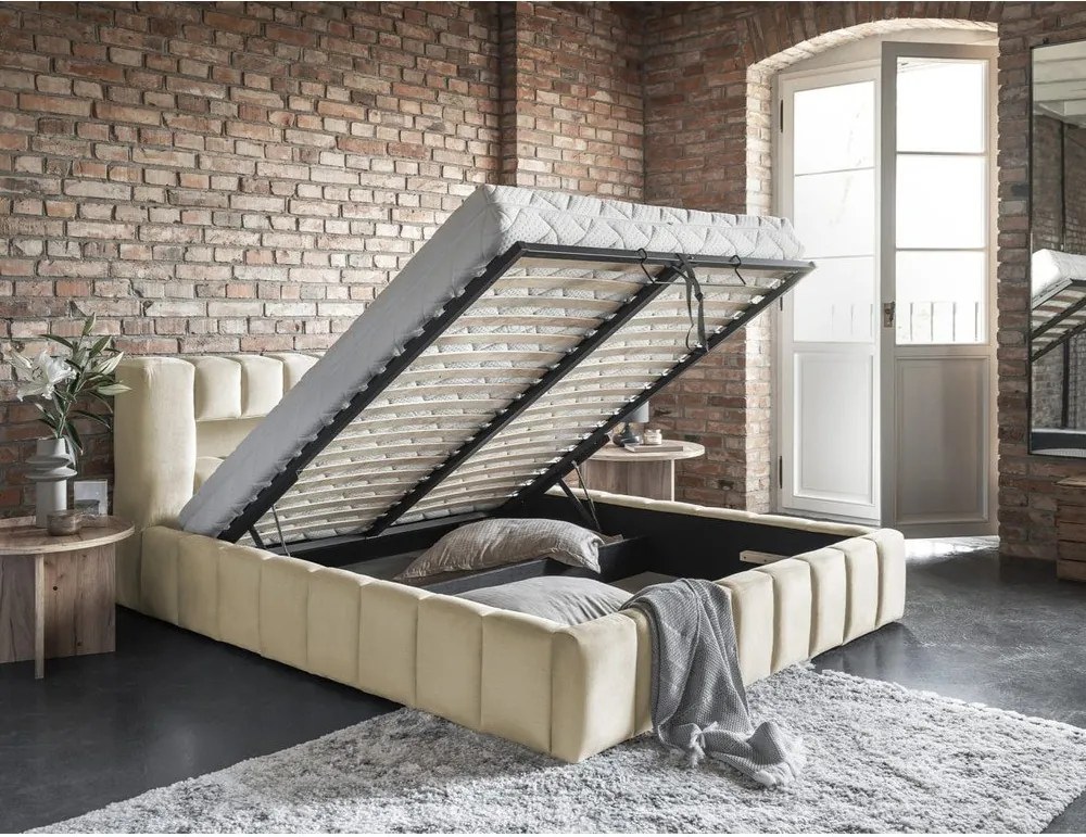 Pat matrimonial bej tapițat cu spațiu de depozitare cu somieră 160x200 cm Lamica – ELTAP