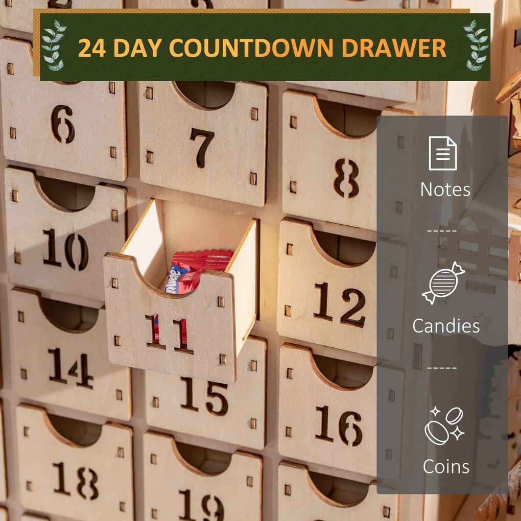 Calendar Advent de Craciun din lemn, cu lumini LED, pentru copii si adulti, natural HOMCOM | Aosom Romania