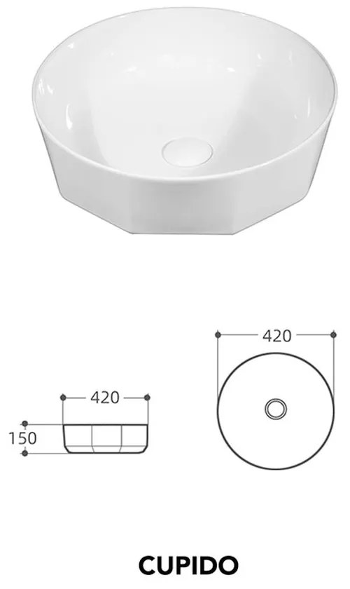 Lavoar pe blat alb lucios, rotund, 42 cm, Fluminia Cupido, cu baza poligonala