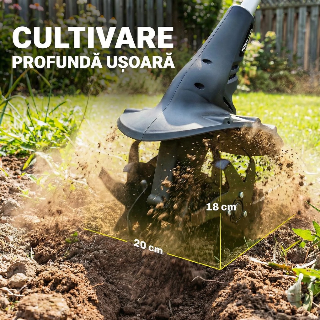 Outsunny Motosapă Fără Fir 18V, Lățime de Lucru 20cm, Adâncime 18cm, 4 Lame, Mâner Reglabil, pentru Grădină și Terenuri, Bateria și Încărcătorul Nu Sunt Incluse | Aosom Romania
