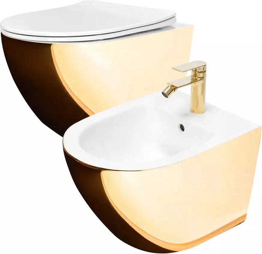 Set vas WC suspendat Rea Carlo auriu cu capac softclose alb si bideu alb