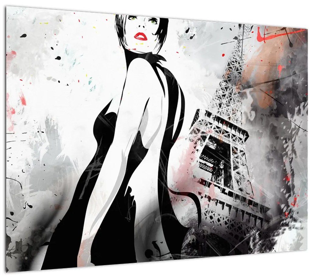 Tablou pe sticlă - Doamna și Turnul Eiffel (70x50 cm)