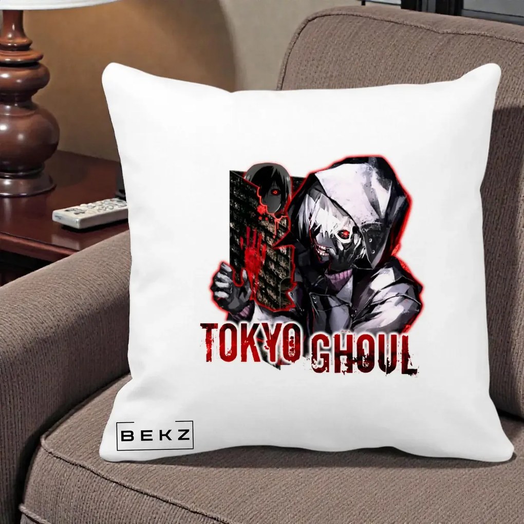 Perna Personalizata Tokyo Ghoul Ken Kaneki Anime, 40x40 cm, Alba Mata, Husa Detasabila, Perna Inclusa, BEKZ®