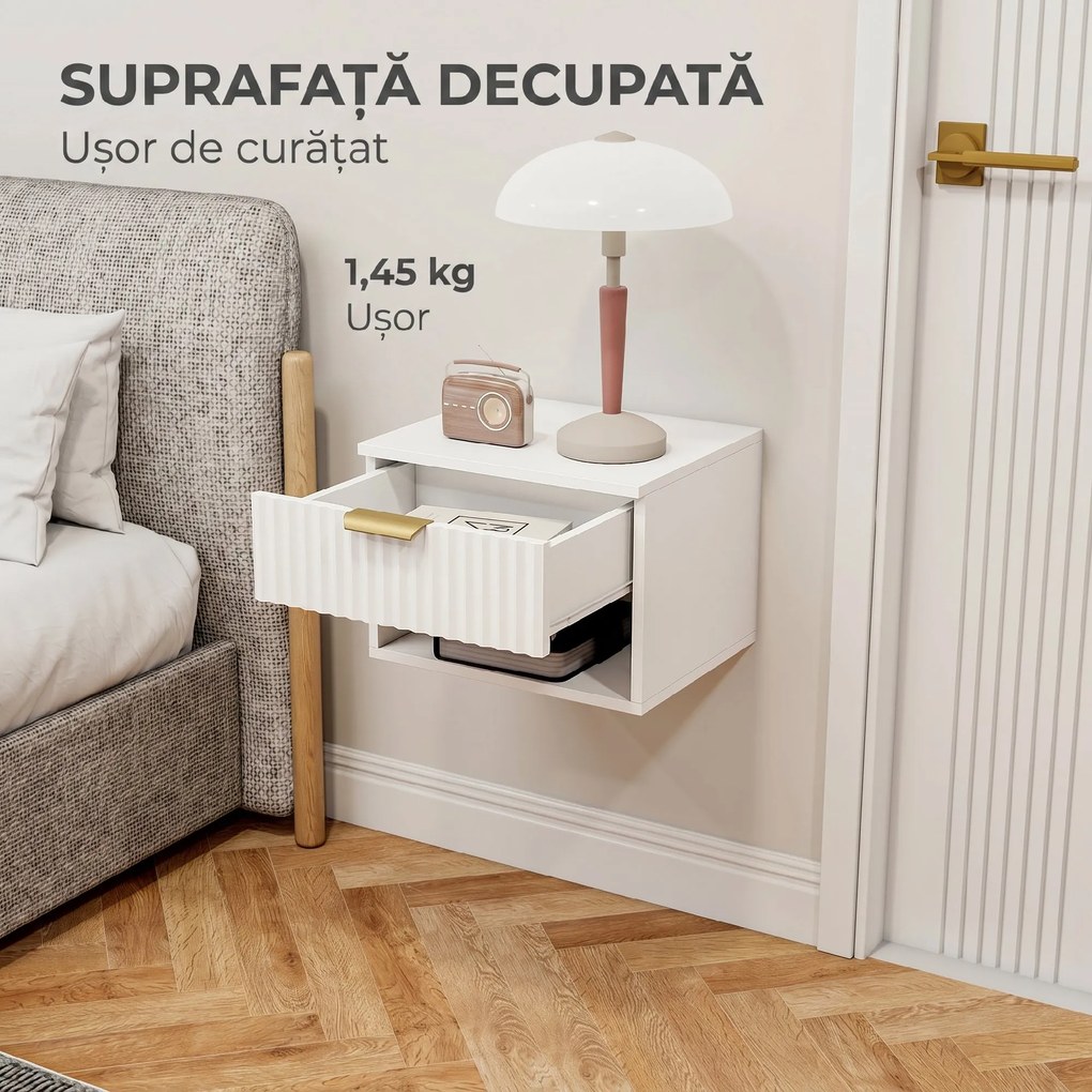 HOMCOM Set de 2 Noptiere Suspendate cu Panouri Canelate, Sertar și Raft, 40x34x29 cm, Alb | Aosom Romania