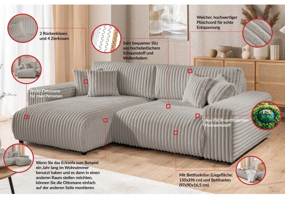 Colțar gri deschis extensibil, cu spațiu de depozitare, cu tapițerie din catifea reiată (cu colț pe partea stângă) Sarina – Ropez