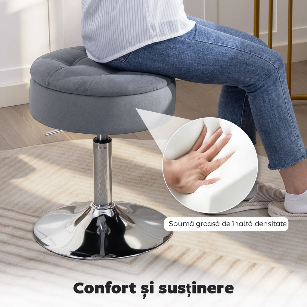 HOMCOM Round Bar Stool, Height Adjustable Swivel Pub Chair with Storage and Metal Base, Backless Tufted Makeup Stool for Breakfast Counter, Kitchen Island, Bedroom, Living Room, Grey | Aosom Romania