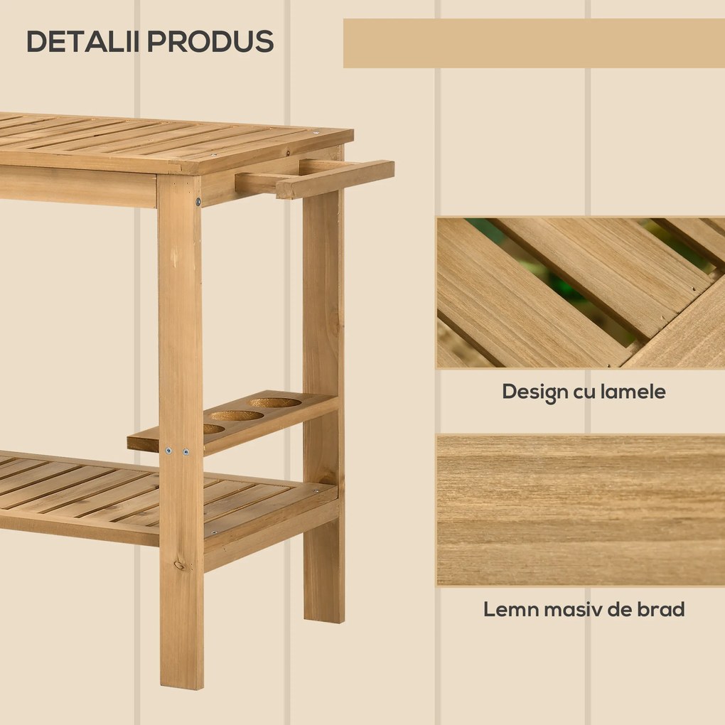 Outsunny Carucior de Grădină cu Roți din Lemn de Brad, Carucior de Servire cu Rafturi din Șipci, 2 Rafturi, 3 Suporturi pentru Sticle și Mâner, pentru Grădină Terasă Patio 95x47x74 cm, Culoare Lemn | Aosom Romania