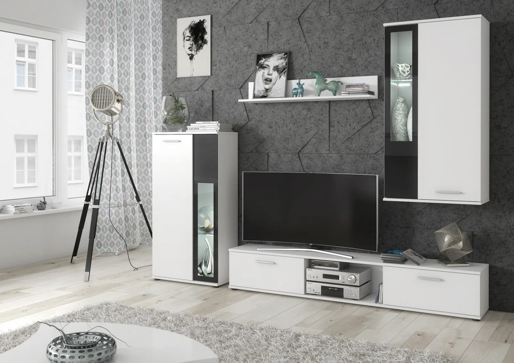 Mobila Living , 255 cm lungime, pal alb  vitrina sticla neagra, cu raft si comoda tv, iluminare led alb, Bortis Impex