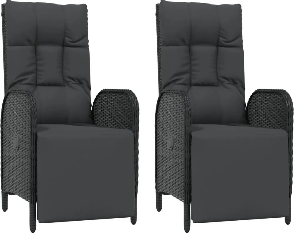vidaXL Scaune rabatabile exterior, cu perne, 2 buc., negru, poliratan