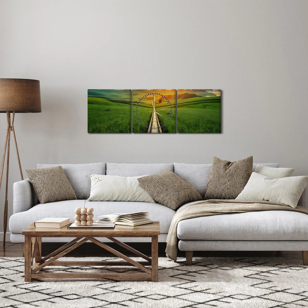 Tablou - Răsărit de soare peste vale (cu ceas) (90x30 cm)