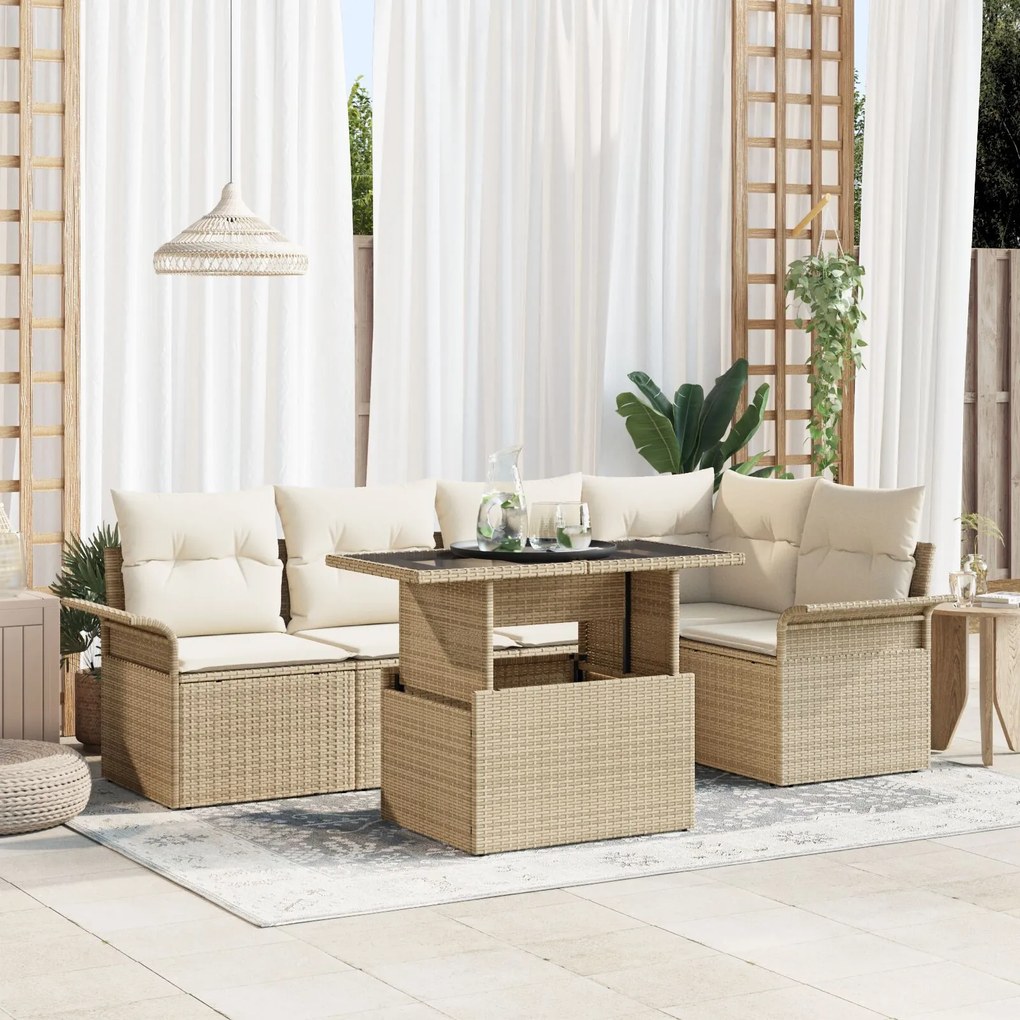 vidaXL Set de canapele pentru grădină cu pernă 6 pcs Bej Rattan poli