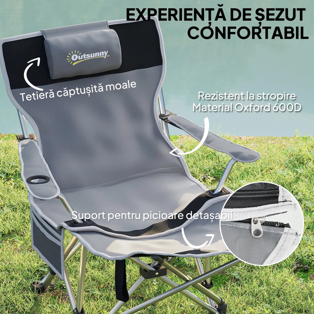 Outsunny Scaun de Camping Pliabil și Rabatabil cu Suport pentru Picioare Detașabil și Tetieră, 82x50/100x88 cm, Negru | Aosom Romania
