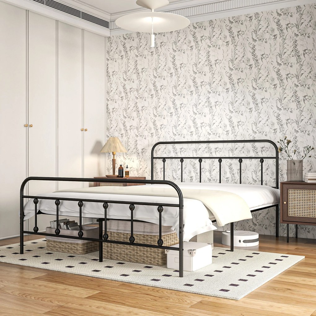 HOMCOM Cadru de pat 140 x 200 cm 2 persoane din oțel somieră cu lame cap de pat și picior de pat depozitare sub pat negru | Aosom Romania
