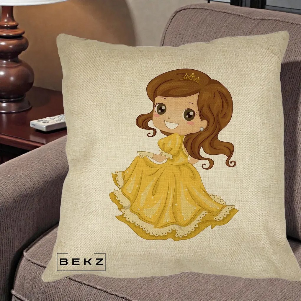 Perna Decorativa Printesa Bella Rochie Aurie, 40x40 cm, Crem, Husa Detasabila, Perna Inclusa, BEKZ®