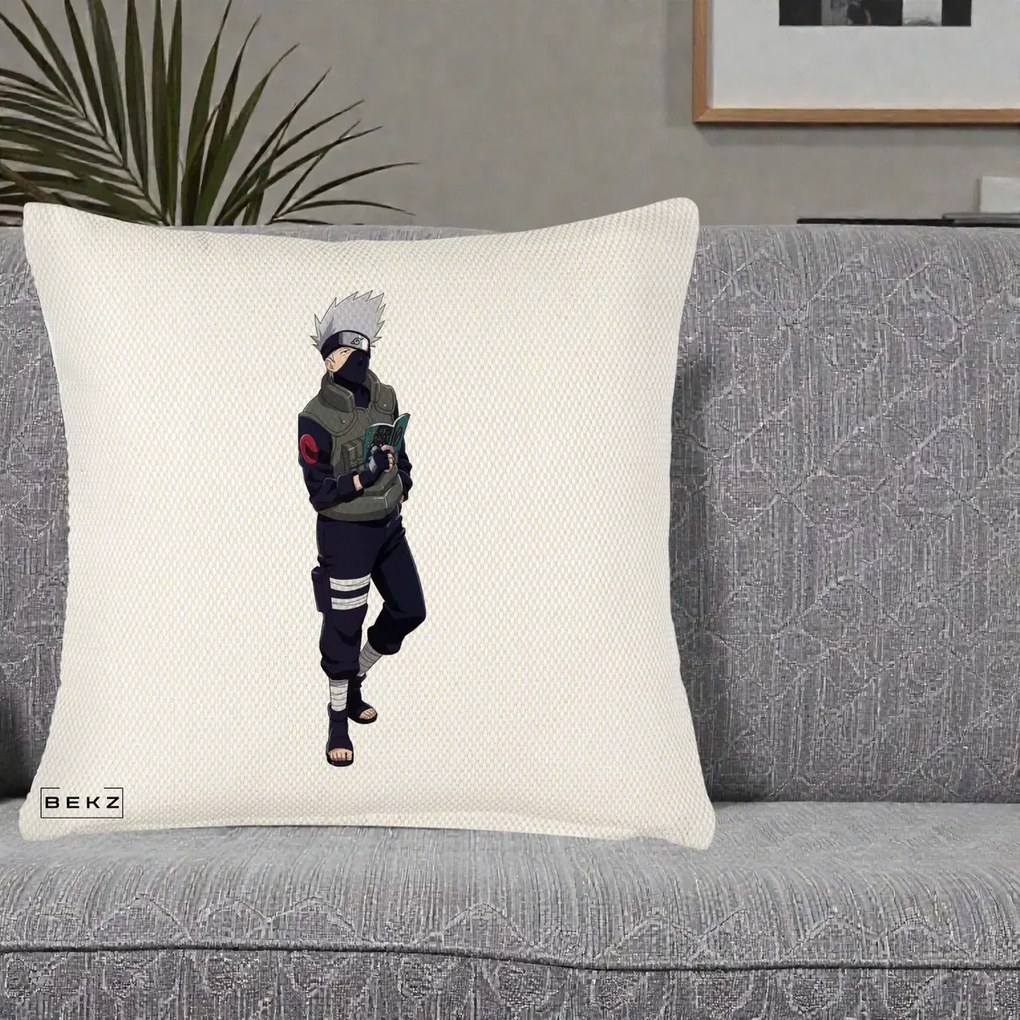 Perna Personalizata Naruto Kakashi Hatake Portret Complet, 40x40 cm, Crem Reliefat, Husa Detasabila, Perna Inclusa, BEKZ®