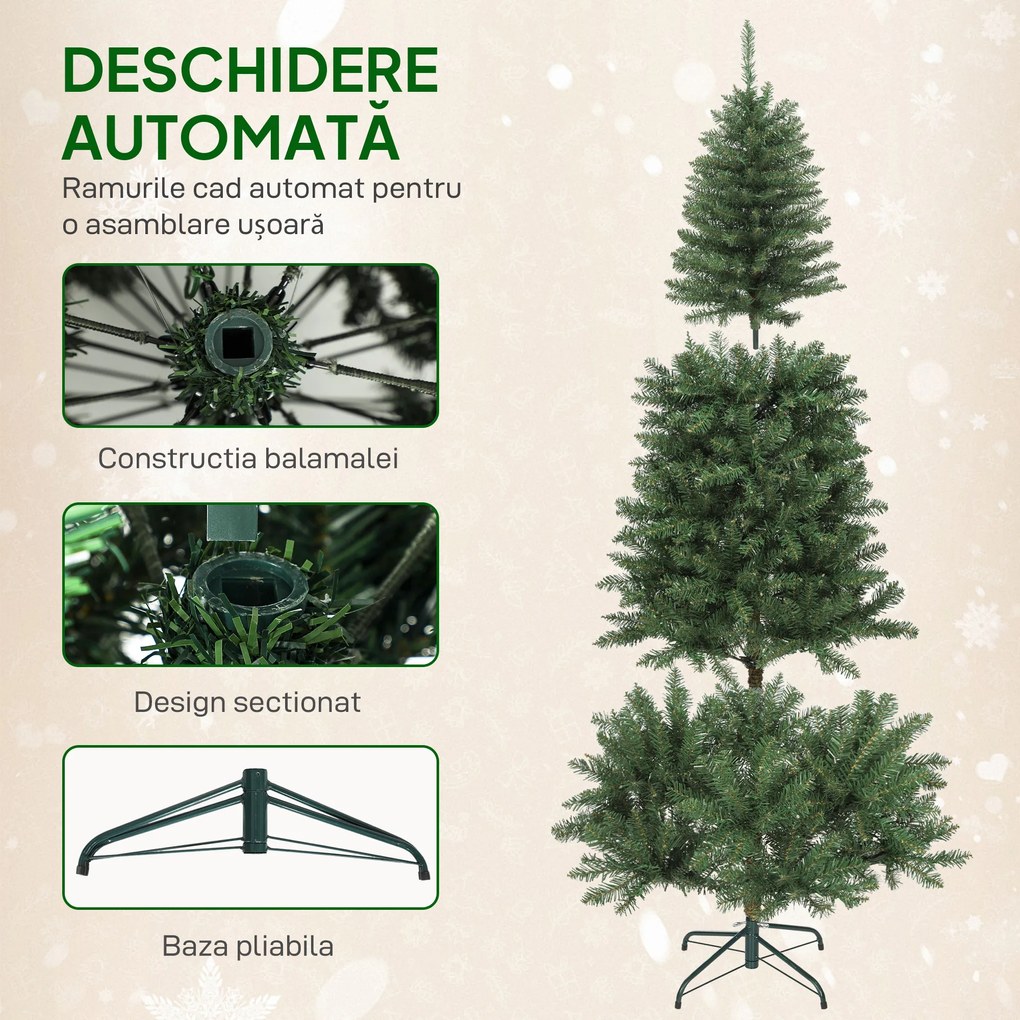 HOMCOM Pom de Crăciun Artificial de 180 cm cu Lumini Incorporate Albe și Colorate în 9 Moduri și 899 Crengi Ignifuge, Brad de Crăciun Dens și Realistic cu Bază Metalică Pliabilă pentru Acasă | Aosom Romania