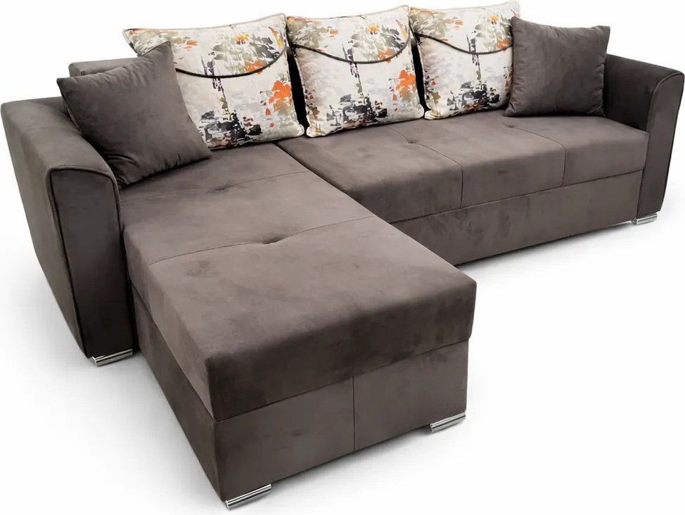 Coltar Lori, 4 locuri, cu 2 lazi de depozitare, catifea, 260x95x80 cm, culoare maro Dreapta, catifea, Maro + Crem