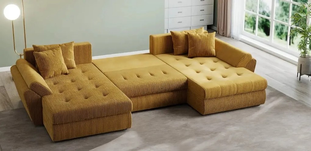 Colțar extensibil dumonde cu ladă de depozitare si sezut confortabil din spuma high-density, Loana U Zoom Mustar 355x185 cm