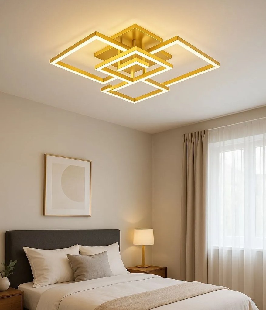 Lustră LED Dreptunghiulară cu Telecomandă, 2×99W, Lumină Reglabilă 3000K–6500K, 700×470×200 mm, Auriu